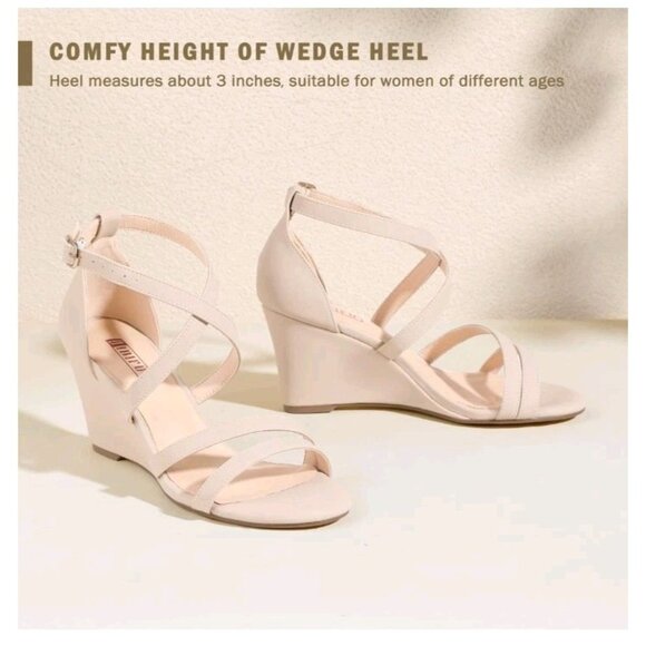 IDIFU Women's 3 Inch Strappy Wedge Sandals Open Toe Dressy Wedges For Women Nude - Picture 5 of 6